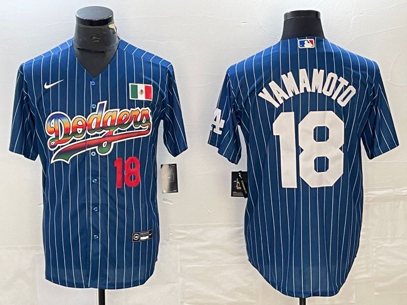 Men Los Angeles Dodgers #18 Yamamoto Blue stripe Nike Game MLB Jersey style 2